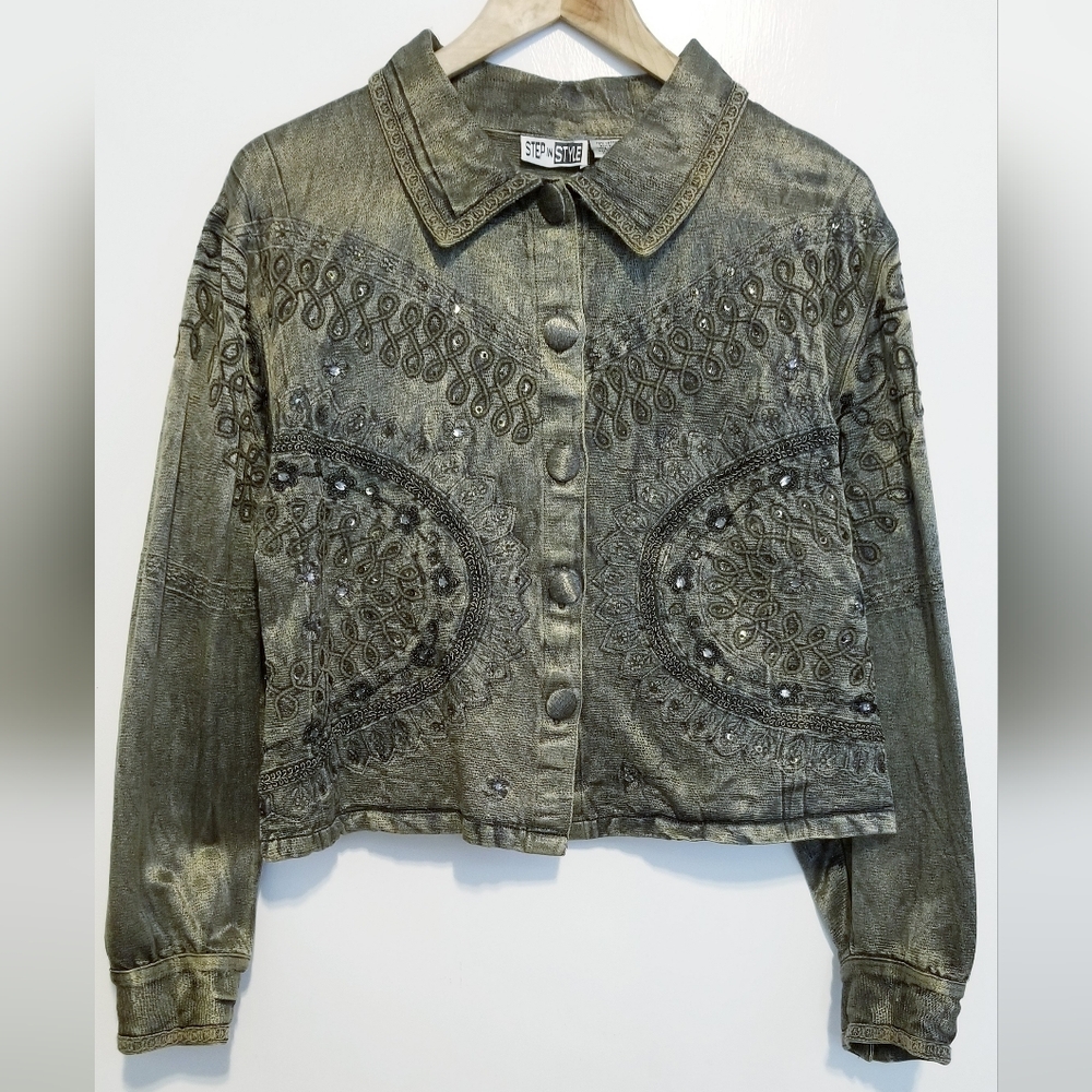Vintage Step In Style Embellished Rhinestones Sequins Embroidered Silk Blazer